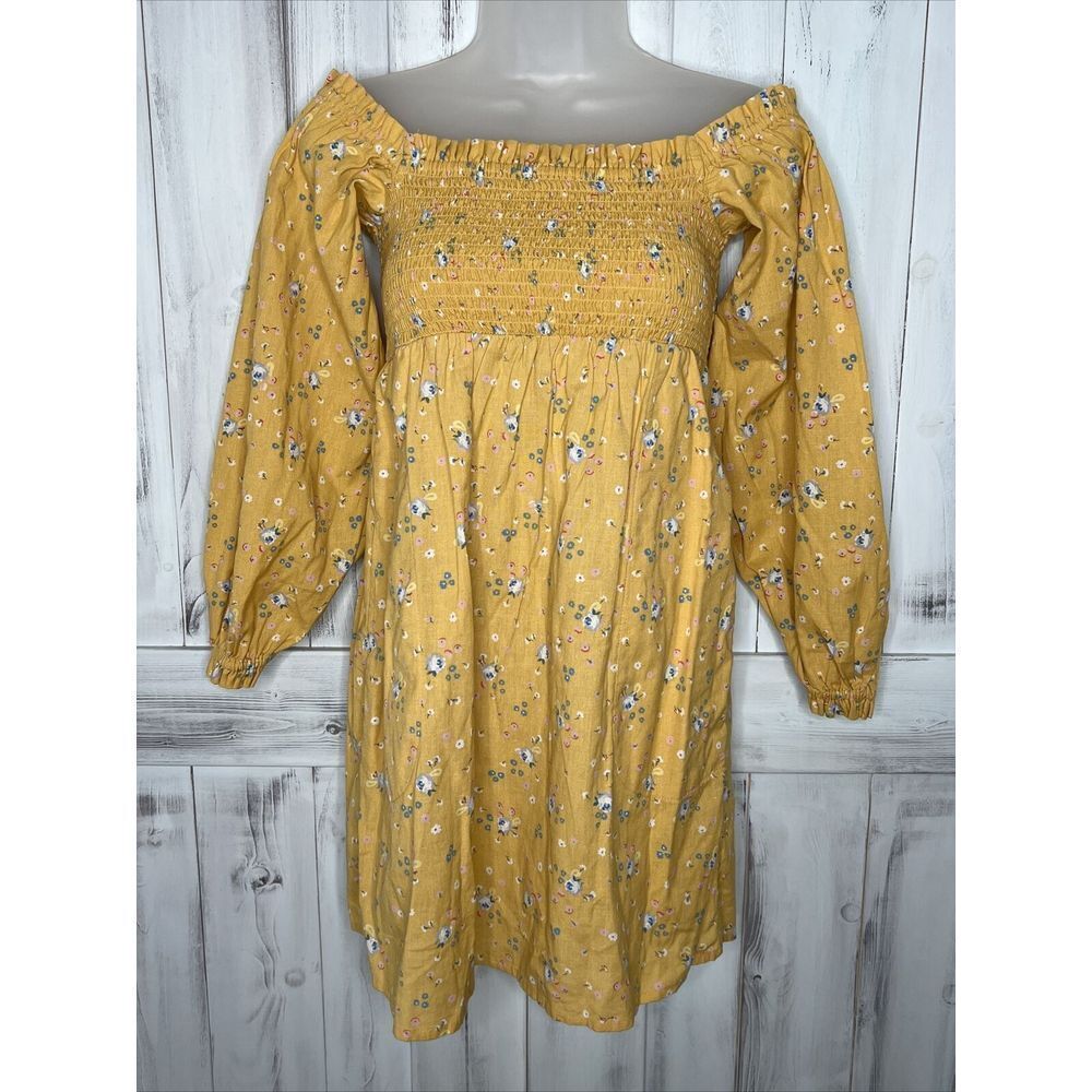 BILLABONG X WRANGLER YELLOW FLORAL SMOCKED OFF SHOULDER BELLFLOWER LINEN DRESS S